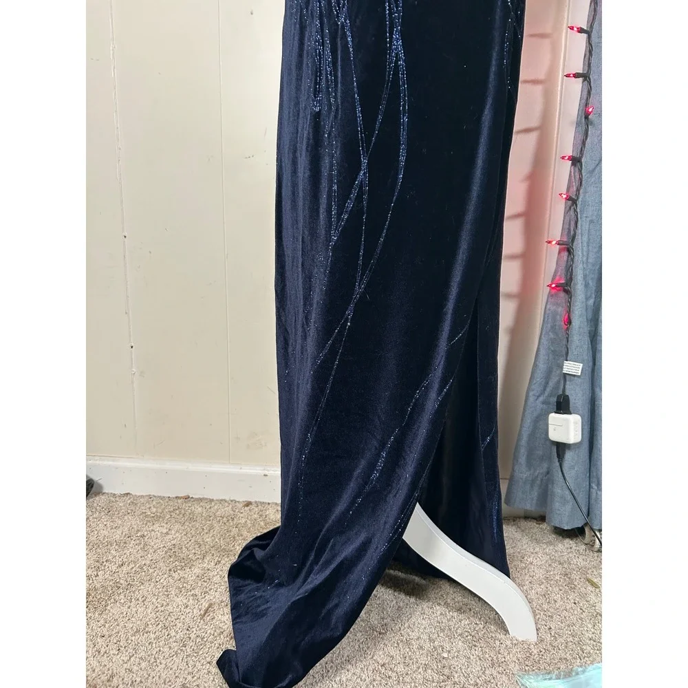 Vintage Navy Blue Velvet Glitter Gown Prom Formal Dress 6 Elegant Whimsigoth - Picture 3 of 10